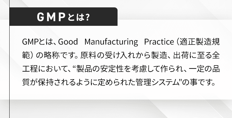 GMPとは、Good Manufacturing Practice（適正製造規範）の略称です。